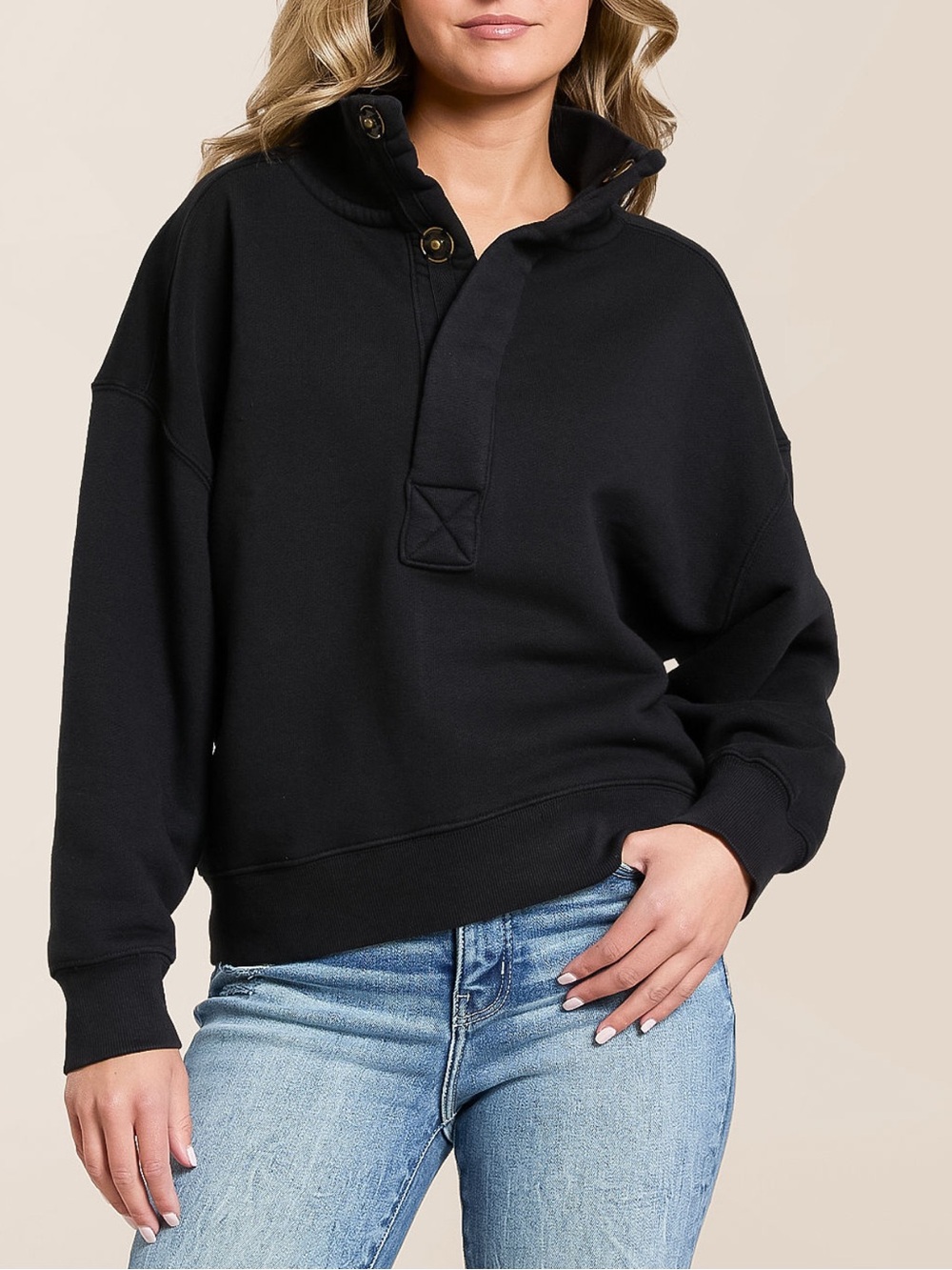 We The Free Black Snap Split Neck Cotton Terry Timeless Pullover Size Large
